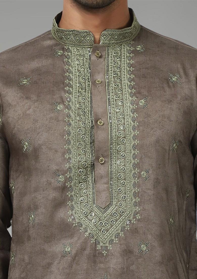 Brown Embroidered Poly Blend Kurta For Men