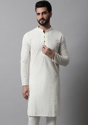 Cream Embroidered Poly Blend Kurta For Men
