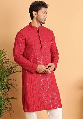 Maroon Embroidered Poly Blend Kurta For Men