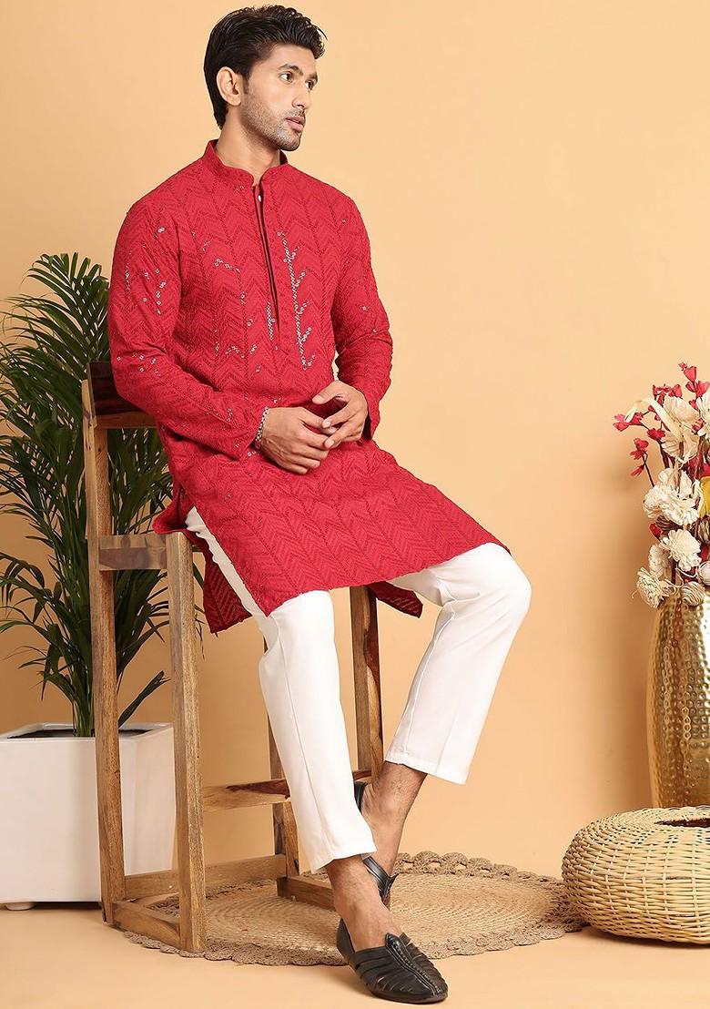 Maroon Embroidered Poly Blend Kurta For Men