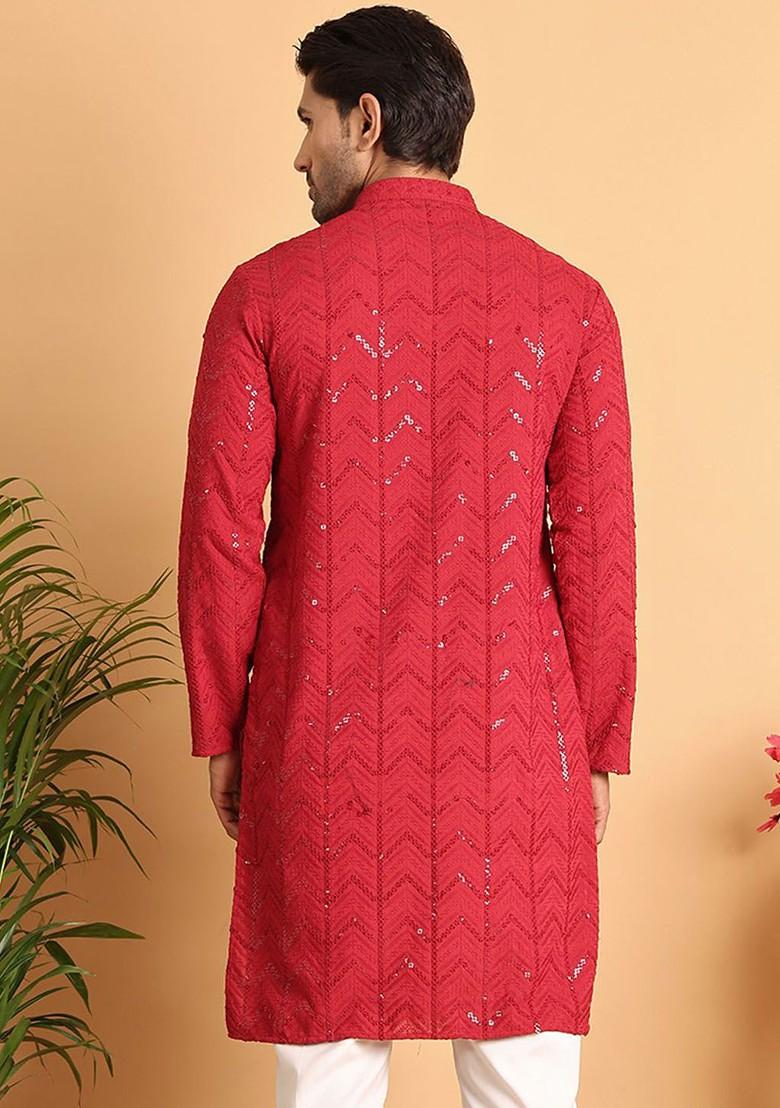 Maroon Embroidered Poly Blend Kurta For Men