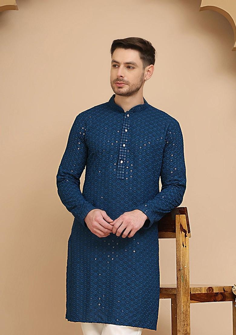 Blue Embroidered Poly Blend Kurta For Men