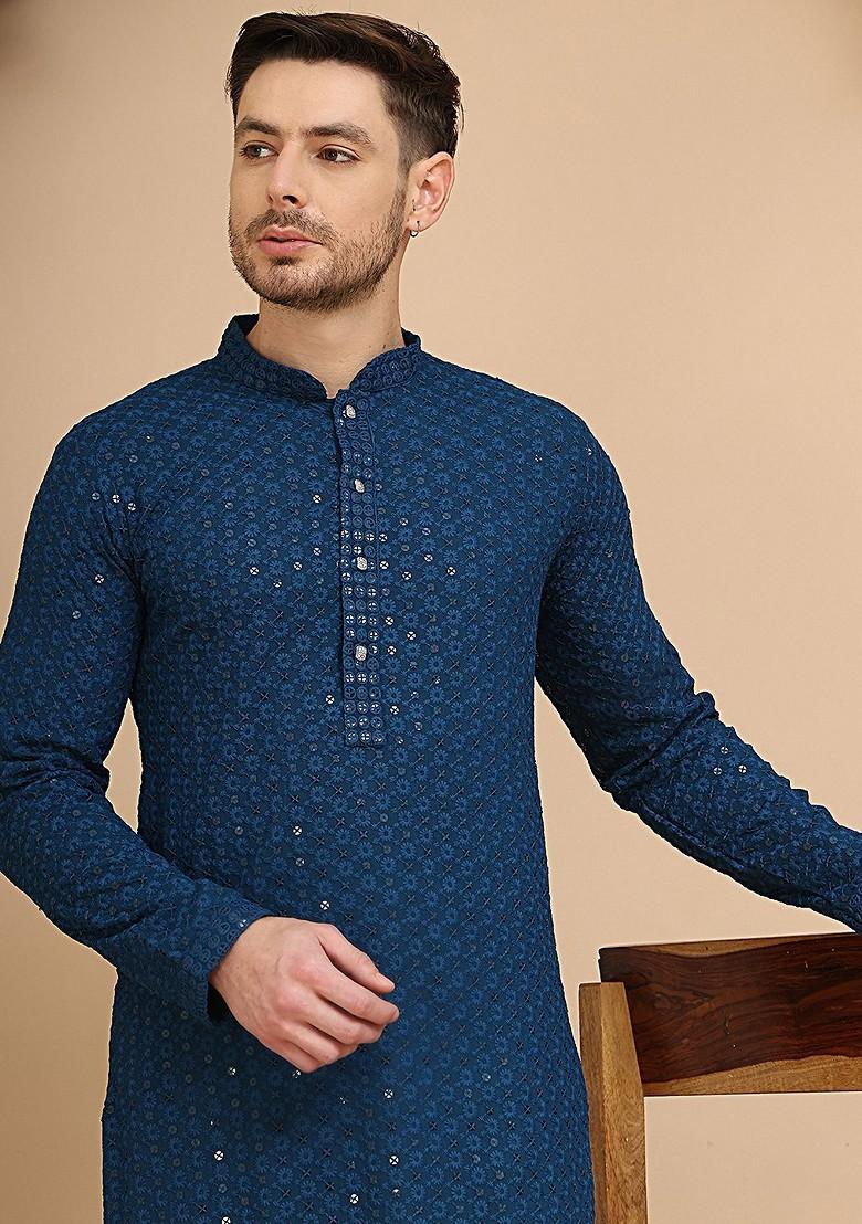 Blue Embroidered Poly Blend Kurta For Men