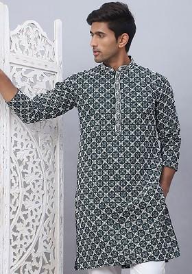 Olive Printed Poly Blend Kurta For Men