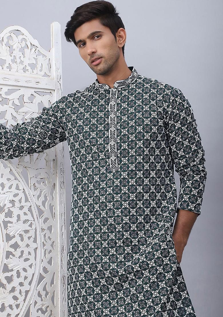 Olive Printed Poly Blend Kurta For Men