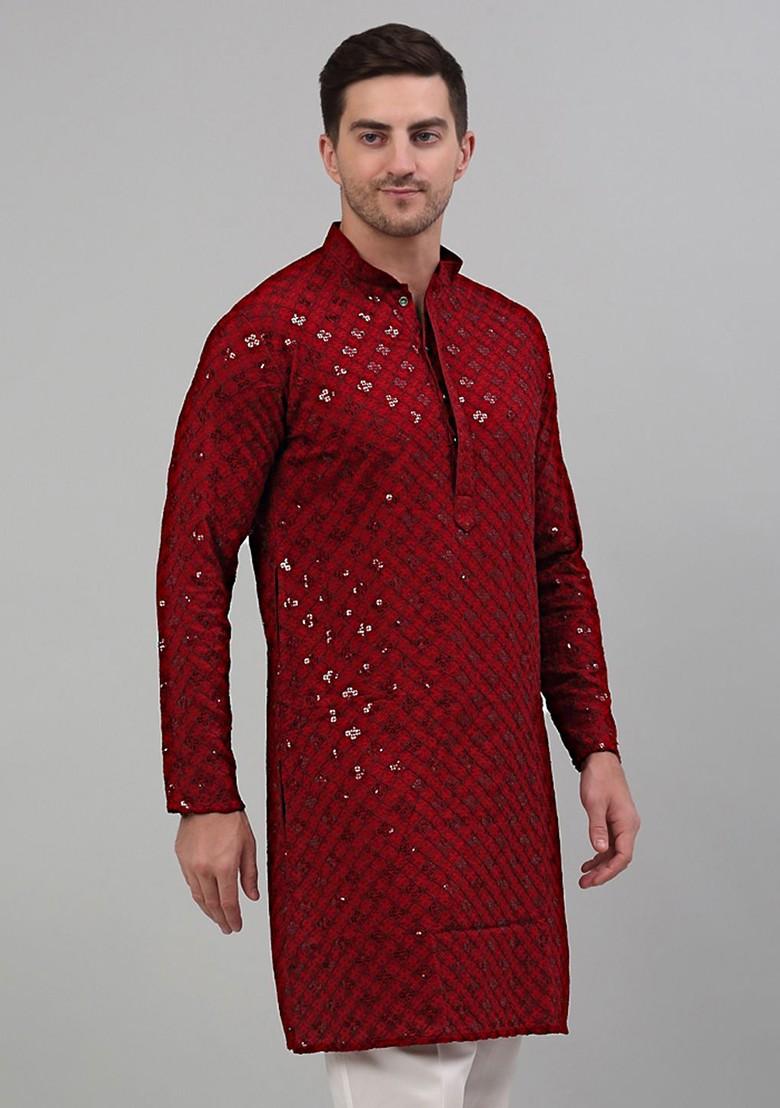 Maroon Embroidered Poly Blend Kurta For Men