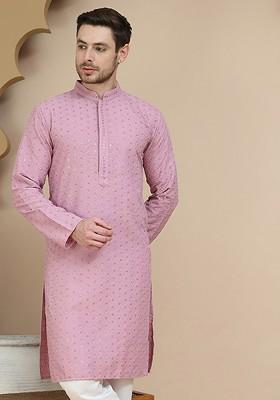 Magenta Embroidered Poly Blend Kurta For Men