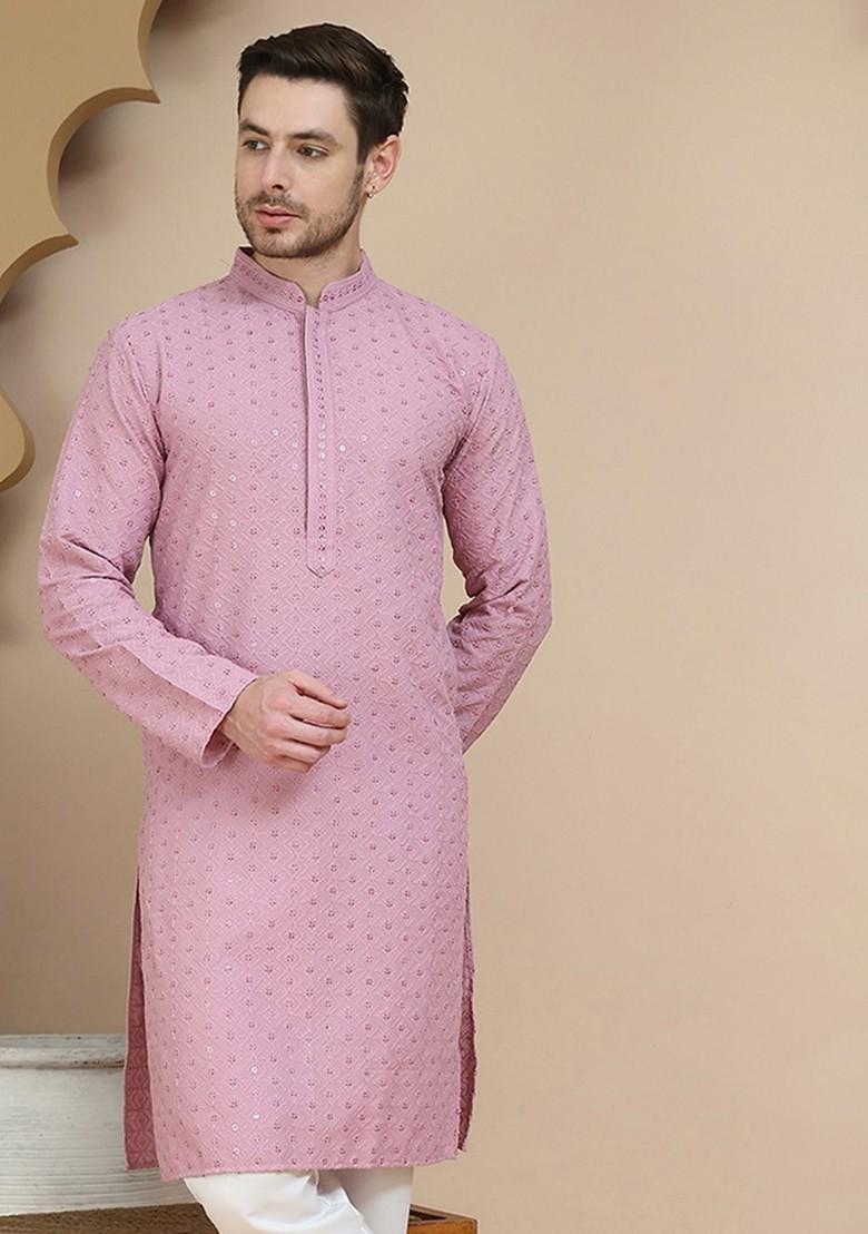 Magenta Embroidered Poly Blend Kurta For Men