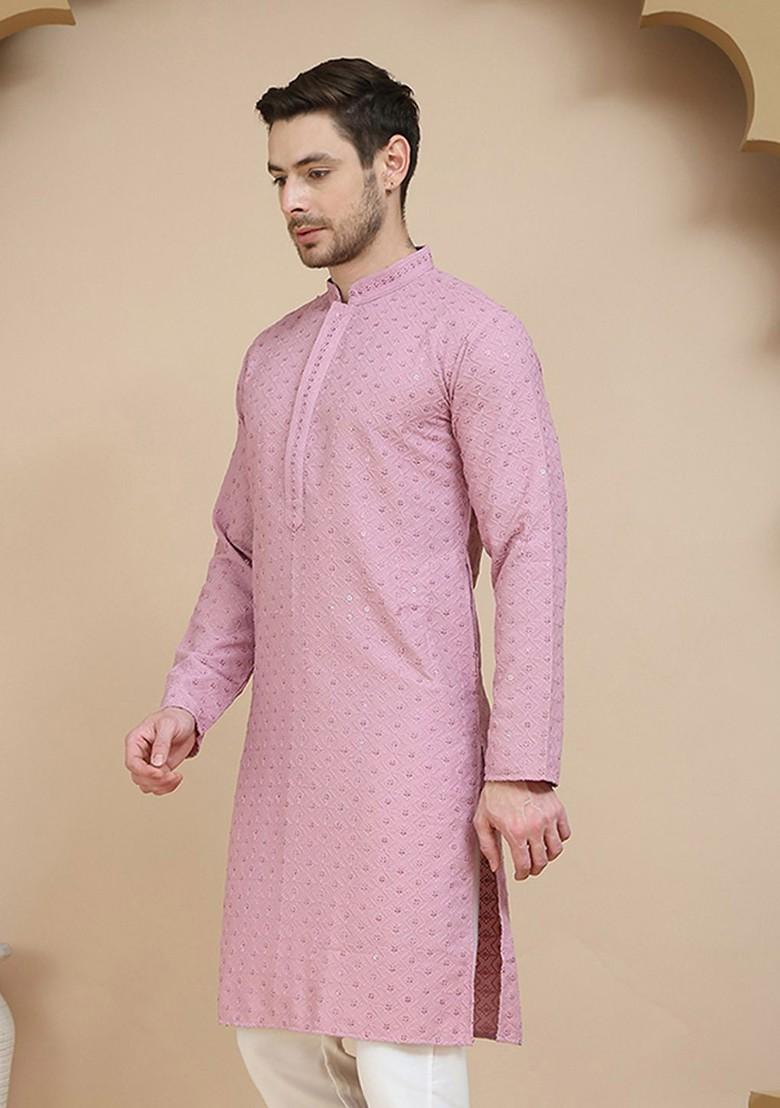 Magenta Embroidered Poly Blend Kurta For Men