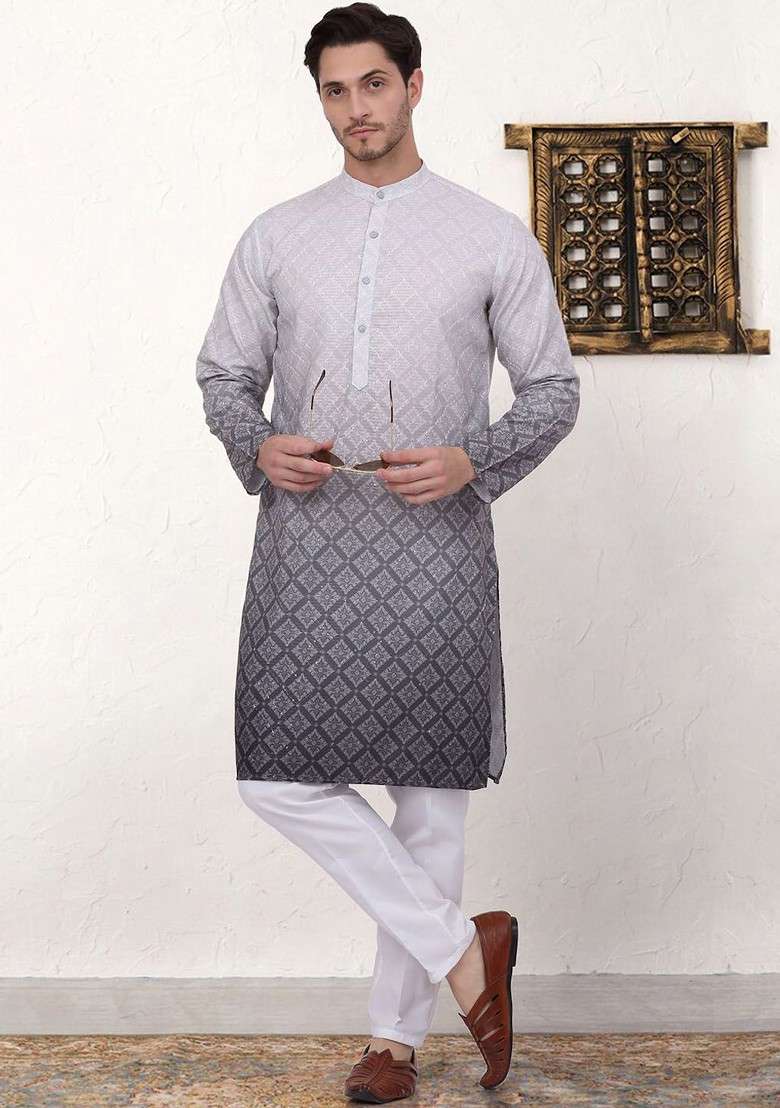 Grey Printed Poly Blend Kurta For Men - Indya