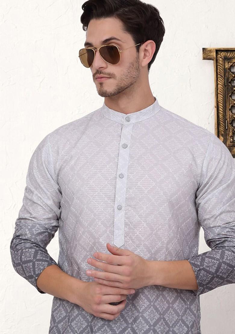 Grey Printed Poly Blend Kurta For Men