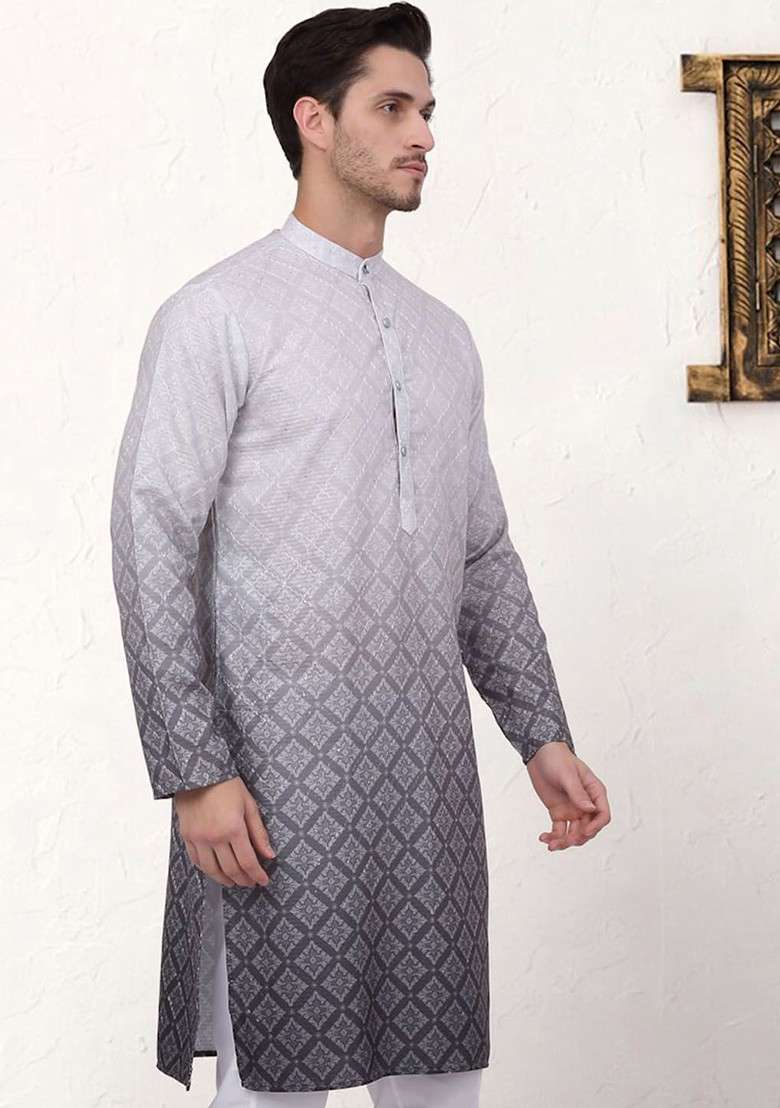 Grey Printed Poly Blend Kurta For Men - Indya