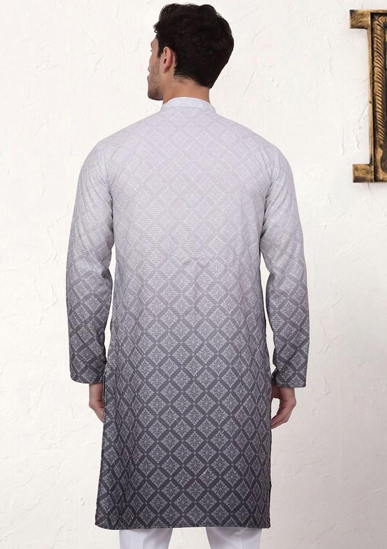 Grey Printed Poly Blend Kurta For Men