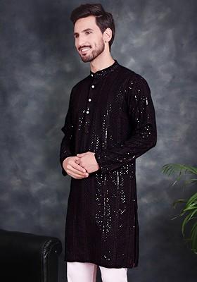 Black Embellished Poly Blend Kurta For Men