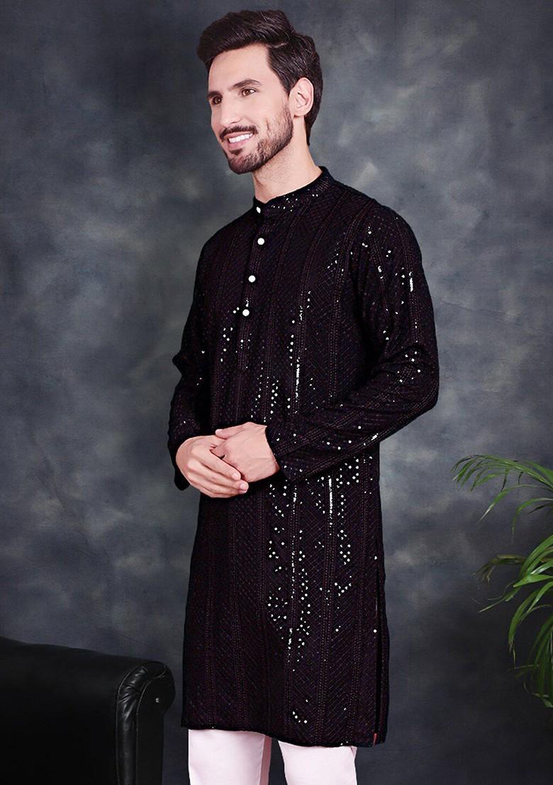 Black Embellished Poly Blend Kurta For Men