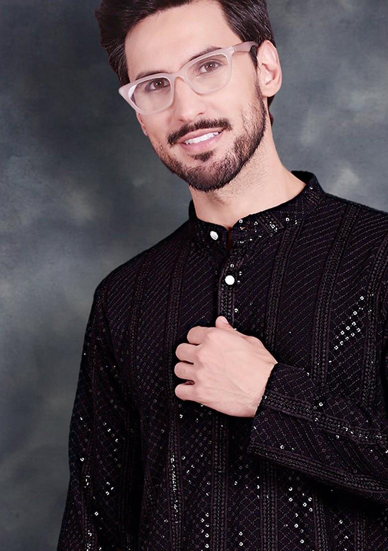 Black Embellished Poly Blend Kurta For Men