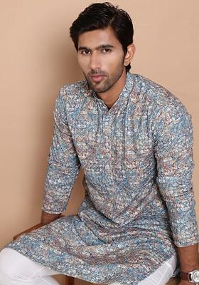 Olive Printed Poly Blend Kurta For Men
