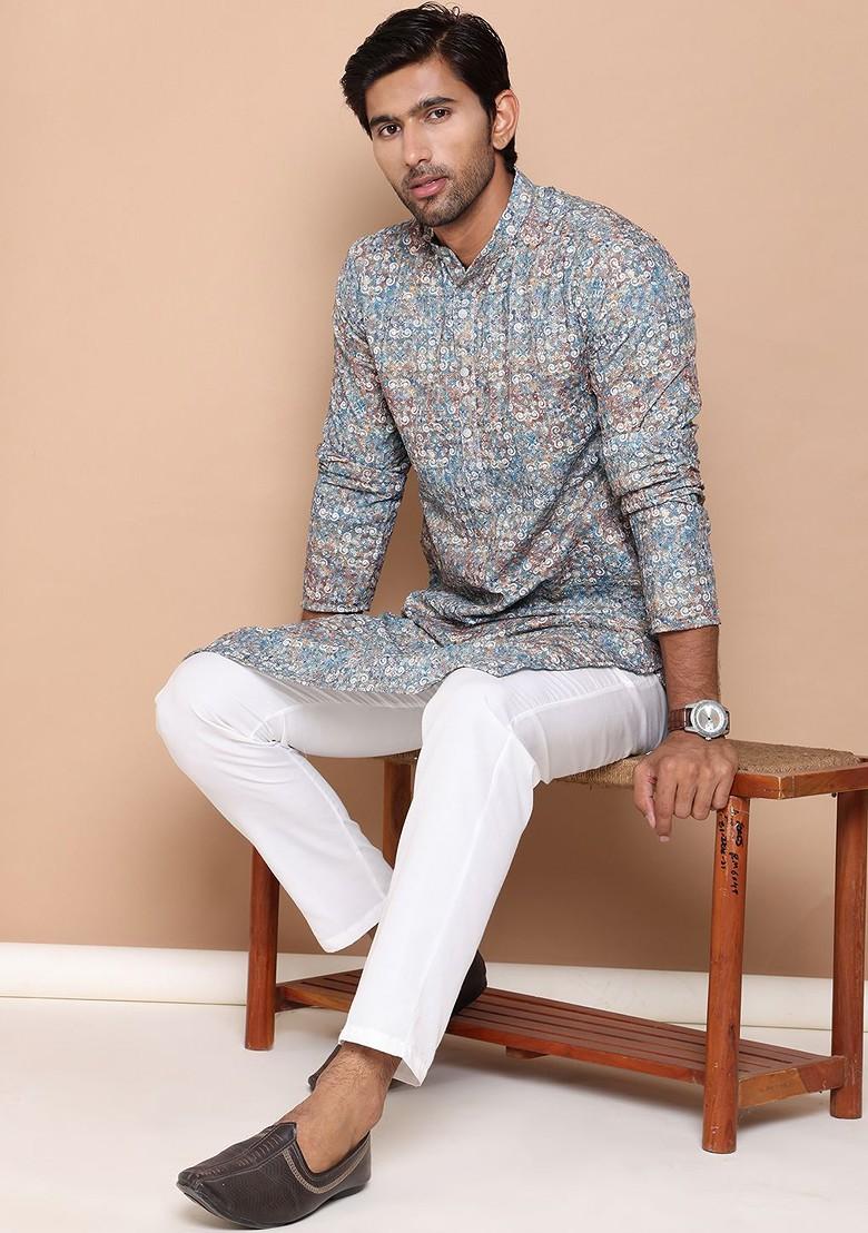 Olive Printed Poly Blend Kurta For Men