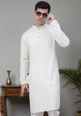 White Embellished Poly Blend Kurta For Men