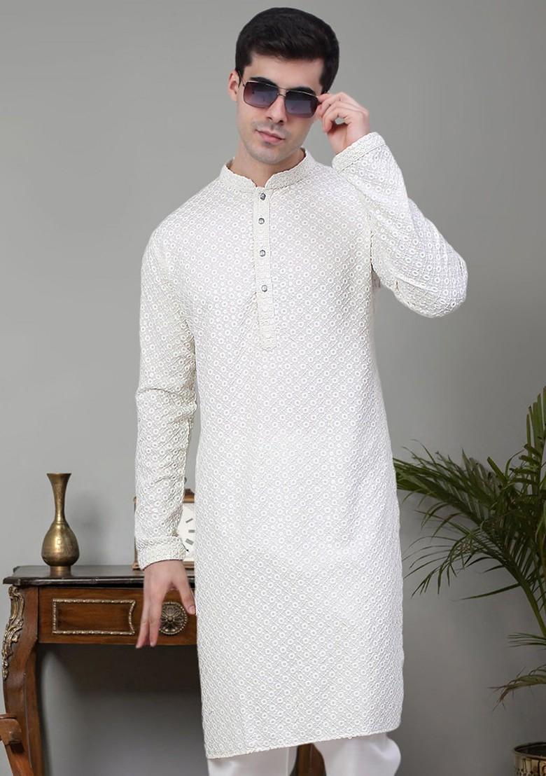 White Embellished Poly Blend Kurta For Men