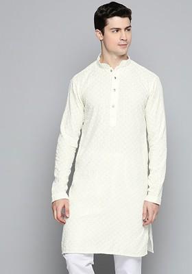 Cream Embroidered Poly Blend Kurta For Men