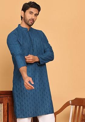 Turquoise Blue Embroidered Poly Blend Kurta For Men