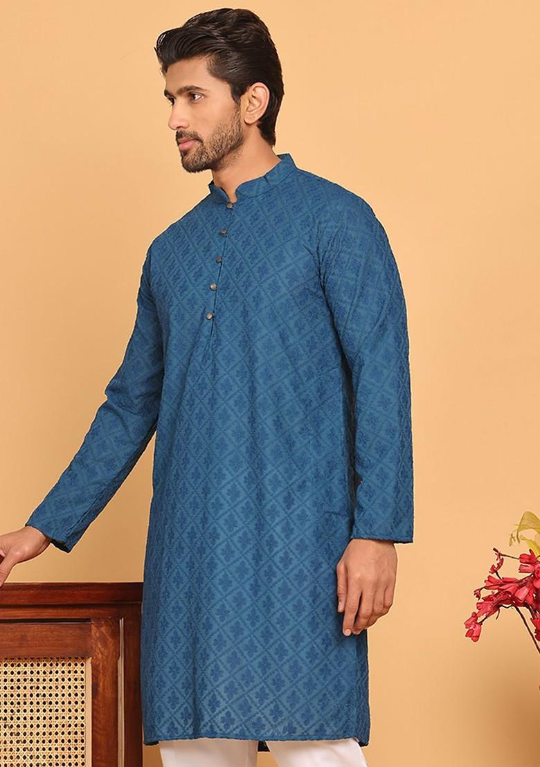 Turquoise Blue Embroidered Poly Blend Kurta For Men