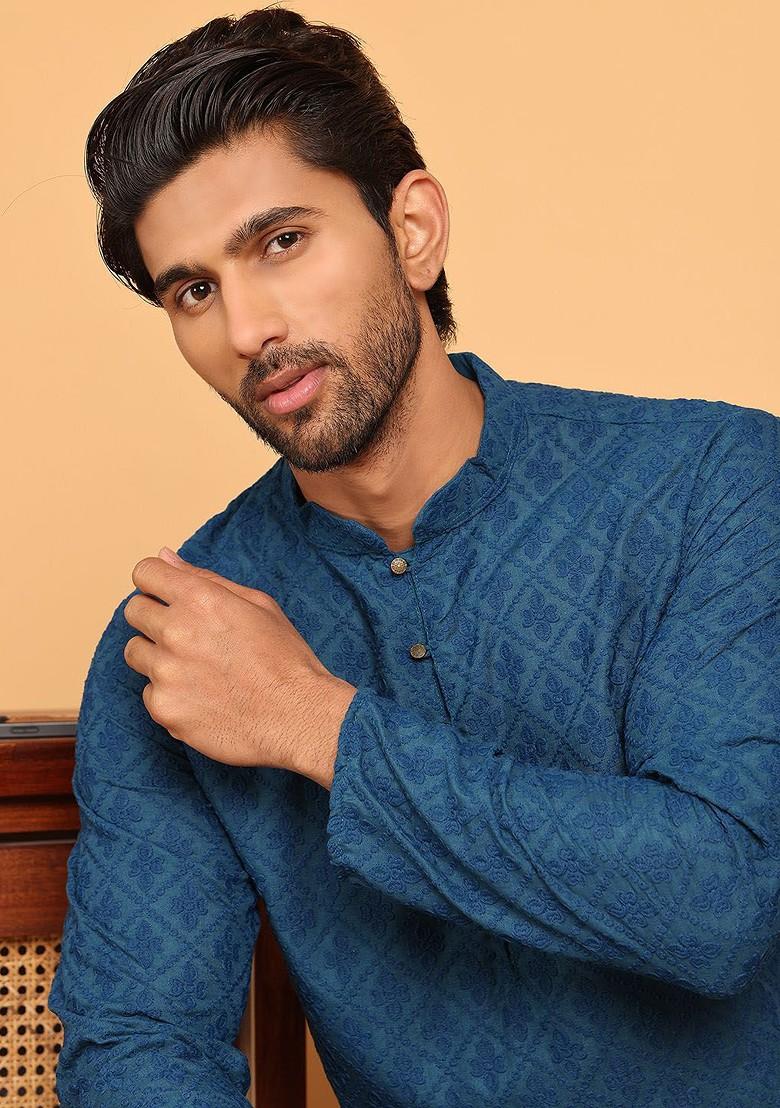 Turquoise Blue Embroidered Poly Blend Kurta For Men