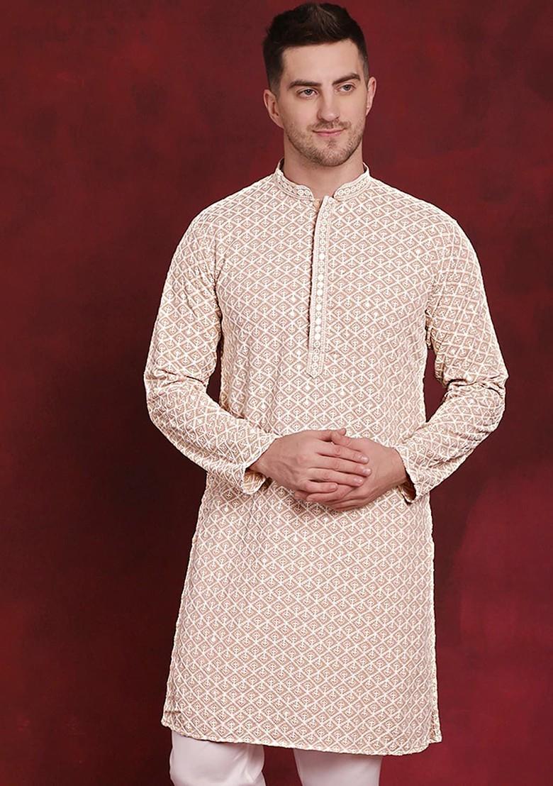 Beige Embroidered Poly Blend Kurta For Men