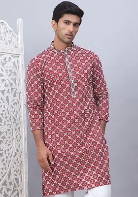 Maroon Printed Poly Blend Kurta For Men