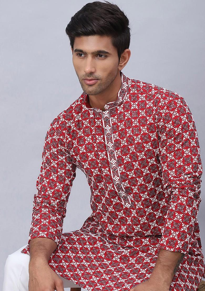 Maroon Printed Poly Blend Kurta For Men
