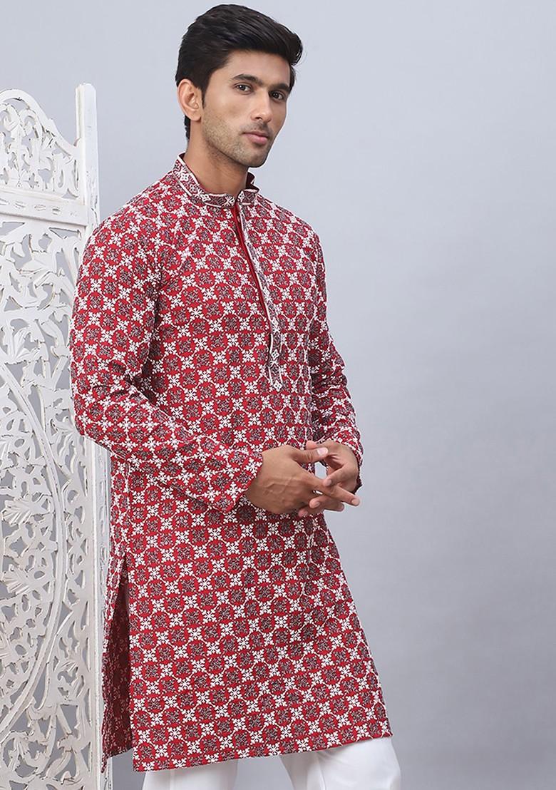 Maroon Printed Poly Blend Kurta For Men