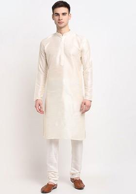 Cream Embroidered Poly Blend Kurta For Men