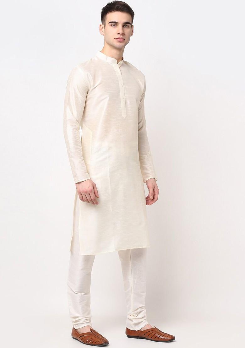 Cream Embroidered Poly Blend Kurta For Men