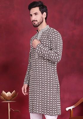 Brown Embroidered Poly Blend Kurta For Men