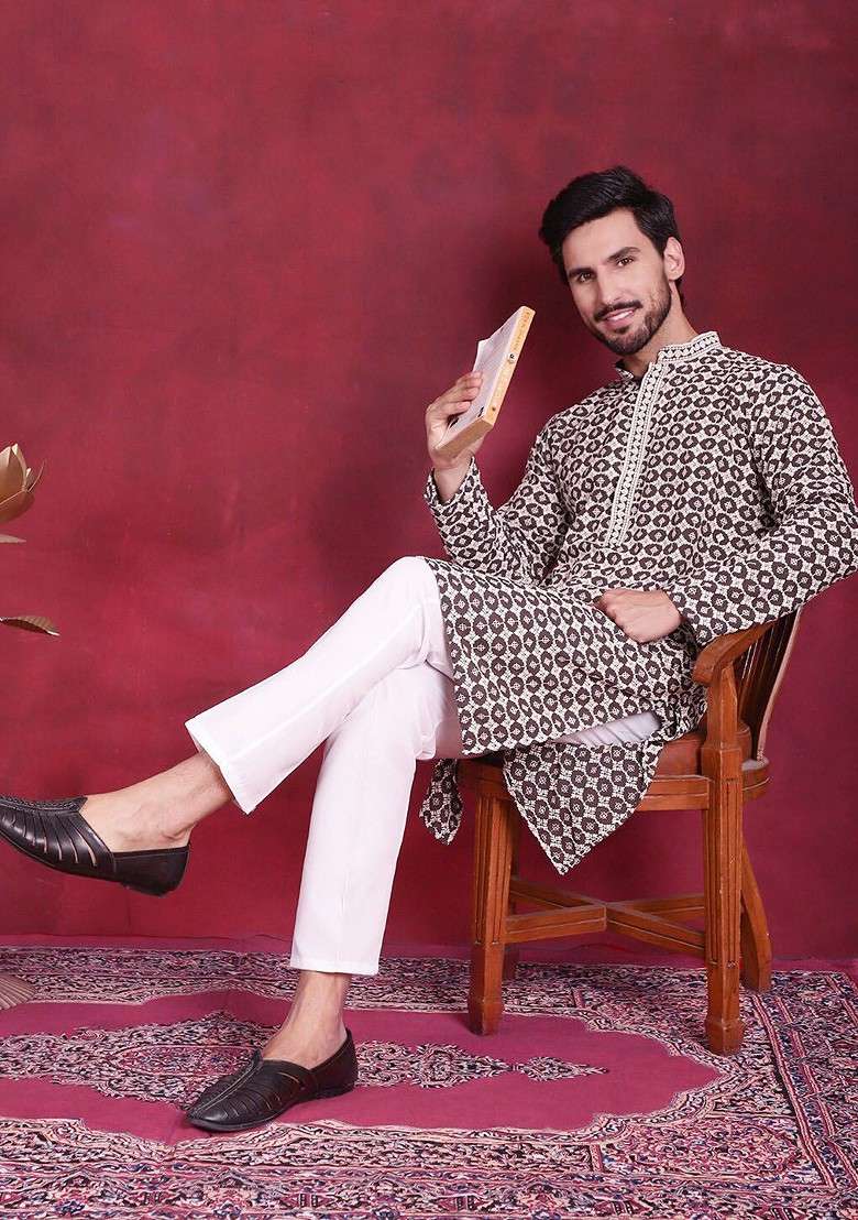 Brown Embroidered Poly Blend Kurta For Men - Indya