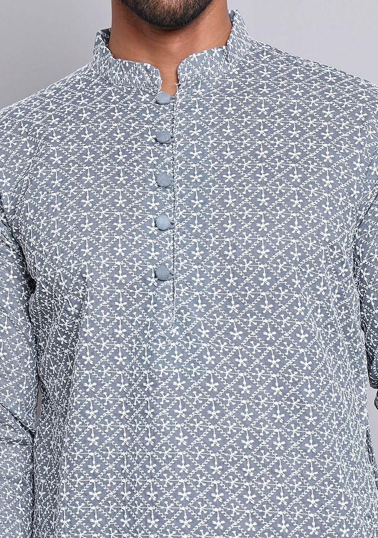 Grey Embroidered Poly Blend Kurta For Men