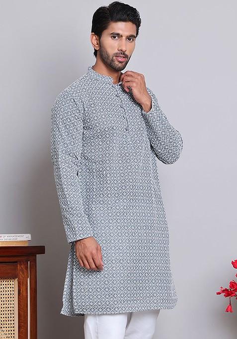 Grey Embroidered Poly Blend Kurta For Men