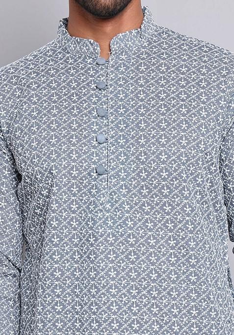 Grey Embroidered Poly Blend Kurta For Men