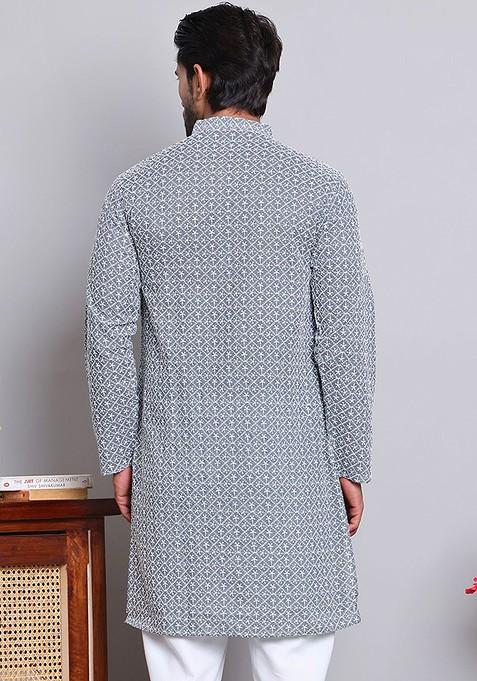 Grey Embroidered Poly Blend Kurta For Men