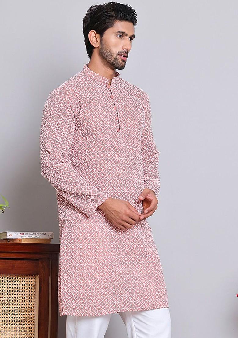 Coral Embroidered Poly Blend Kurta For Men