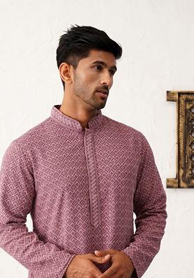 Magenta Embroidered Poly Blend Kurta For Men