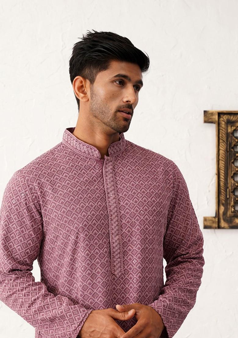Magenta Embroidered Poly Blend Kurta For Men