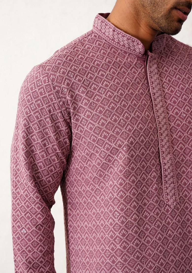 Magenta Embroidered Poly Blend Kurta For Men