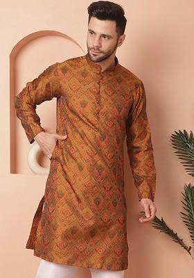 Mustard Yellow Printed Poly Blend Kurta For Men