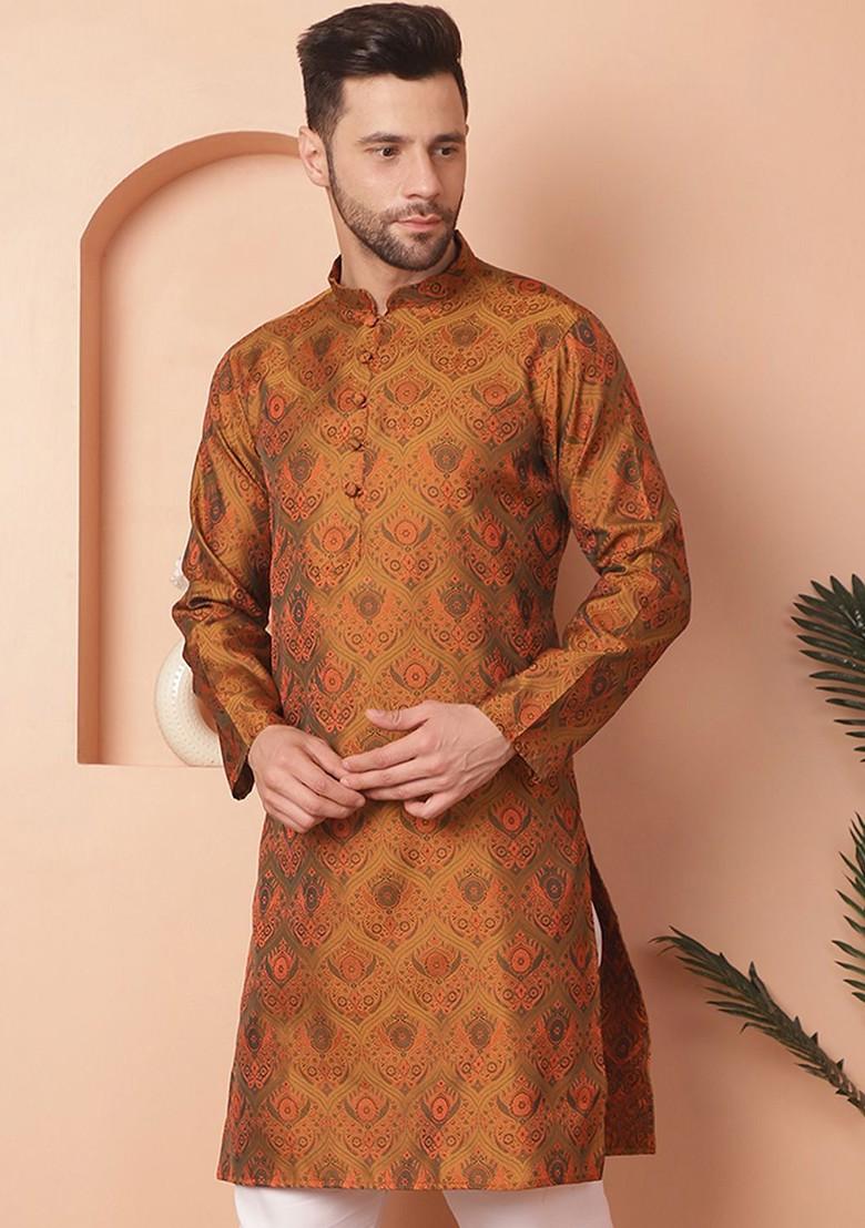 Mustard Yellow Printed Poly Blend Kurta For Men