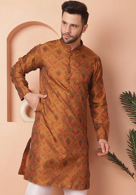 Mustard Yellow Printed Poly Blend Kurta For Men