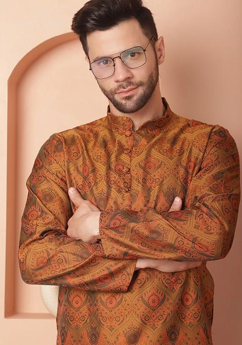 Mustard Yellow Printed Poly Blend Kurta For Men