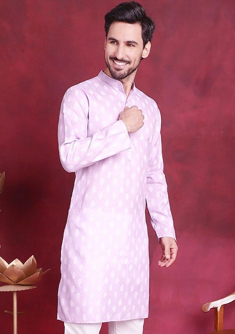 Purple Printed Poly Blend Kurta For Men