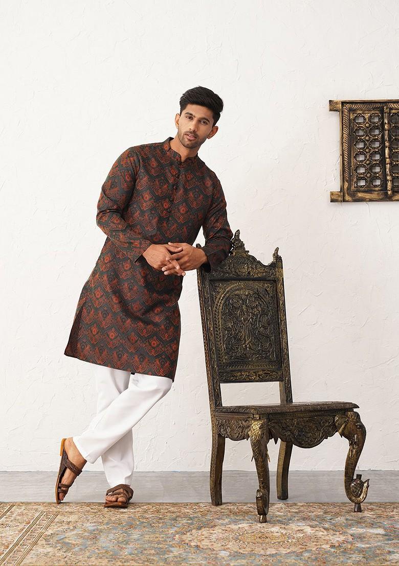 Black Printed Poly Blend Kurta For Men